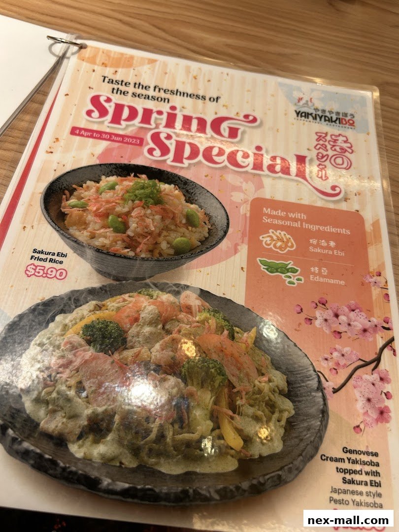 A menu featuring spring specials with Japanese dishes like fried rice and yakisoba.