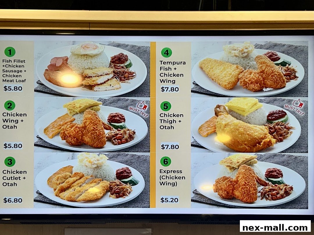 A digital menu displaying various nasi lemak meal sets with chicken and fish options.