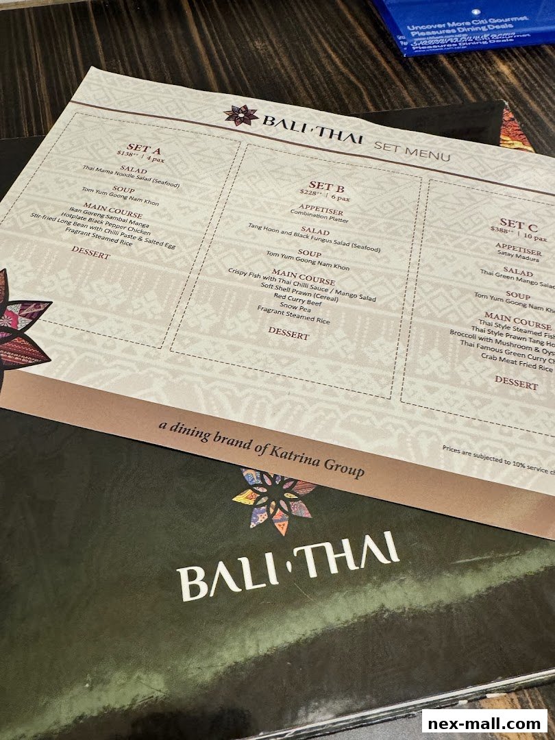 A set menu from Bali Thai restaurant featuring various meal combinations.