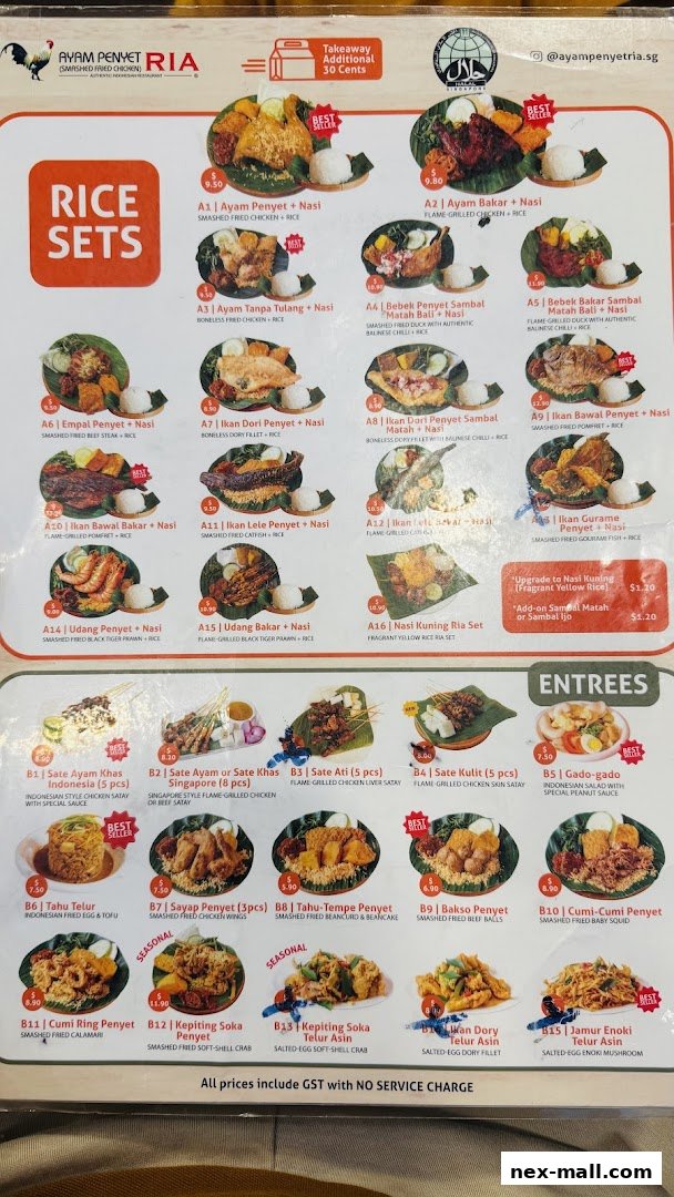 A menu for Ayam Penyet Ria featuring rice sets, entrees, and various Indonesian dishes.