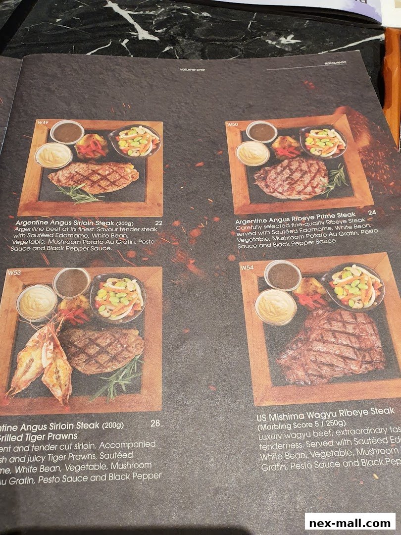 A menu page showcasing four steak and seafood dishes with detailed descriptions and prices.