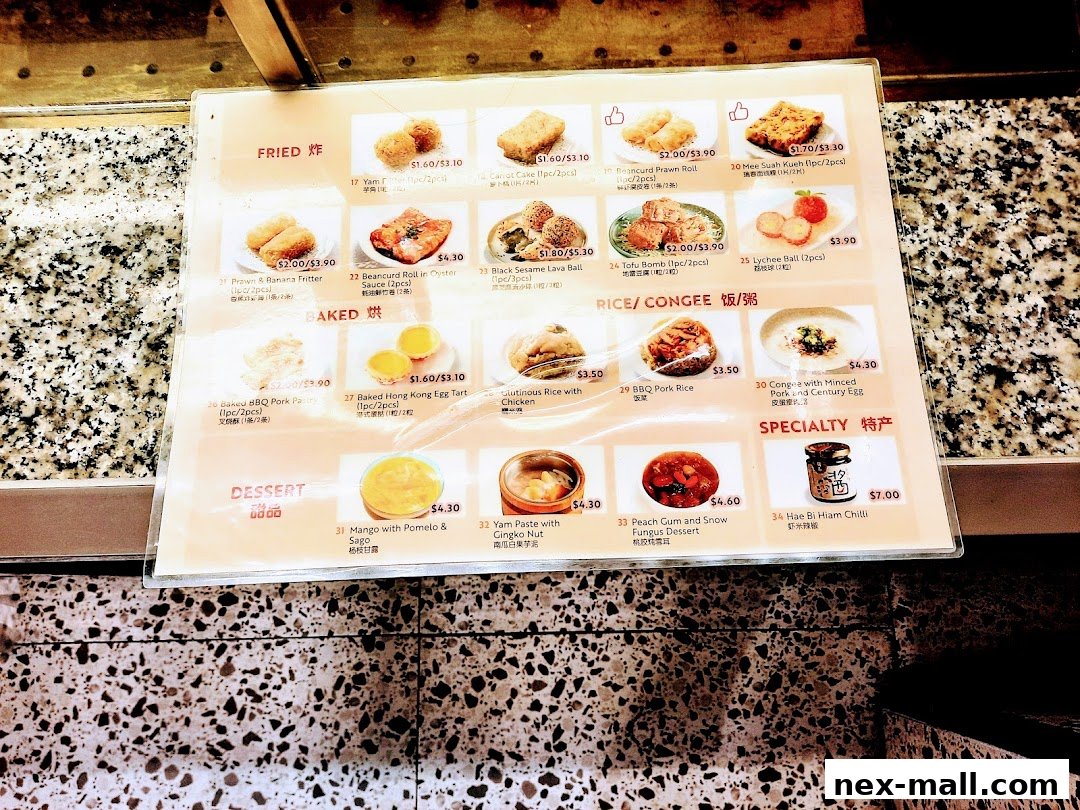 A menu displaying various fried, baked, dessert, rice, congee, and specialty food items with prices.