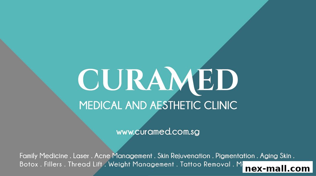 A graphic displaying the name and services of CuraMed Medical and Aesthetic Clinic.