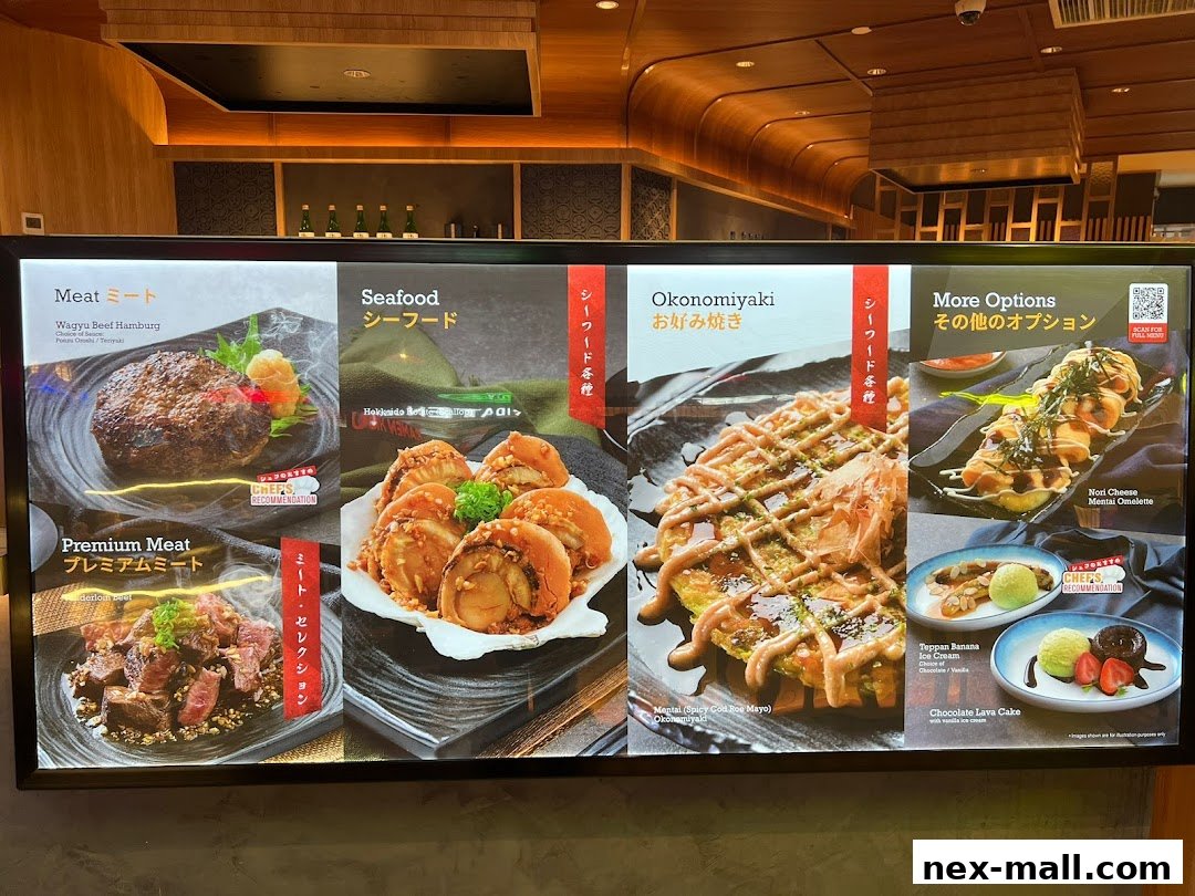 A menu board displaying various Japanese dishes including meat, seafood, okonomiyaki, and desserts.