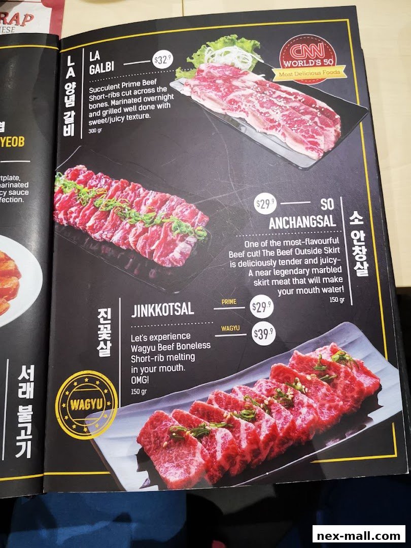 A menu showcasing various cuts of premium beef, including LA Galbi and Jinkkotsal.