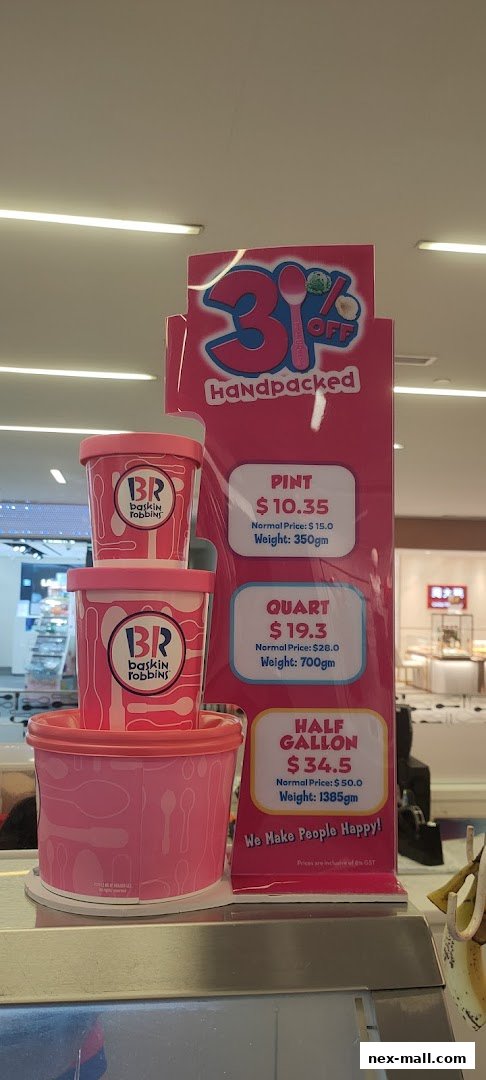 Baskin-Robbins promotion for handpacked ice cream with prices for pint, quart, and half gallon.