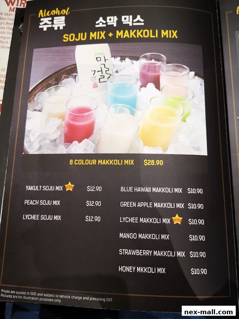 A menu featuring colorful soju and makkoli mixes with prices.