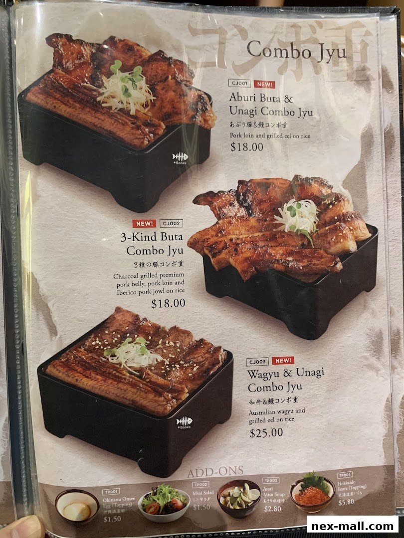 A menu showcasing three different combo jyu dishes with grilled meats and eel.