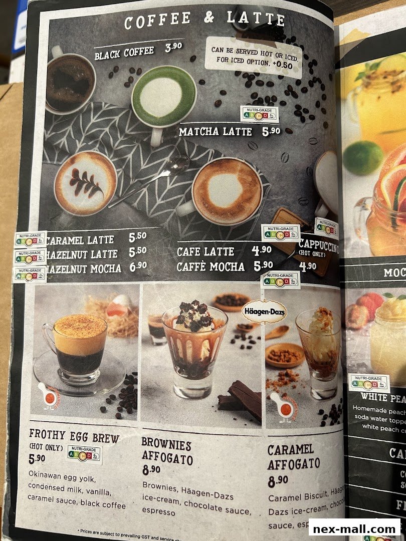 A menu page showcasing various coffee and latte drinks, along with affogato desserts.