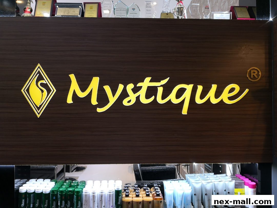 The Mystique Hub International Pte Ltd shop front with its logo and display of various beauty products.