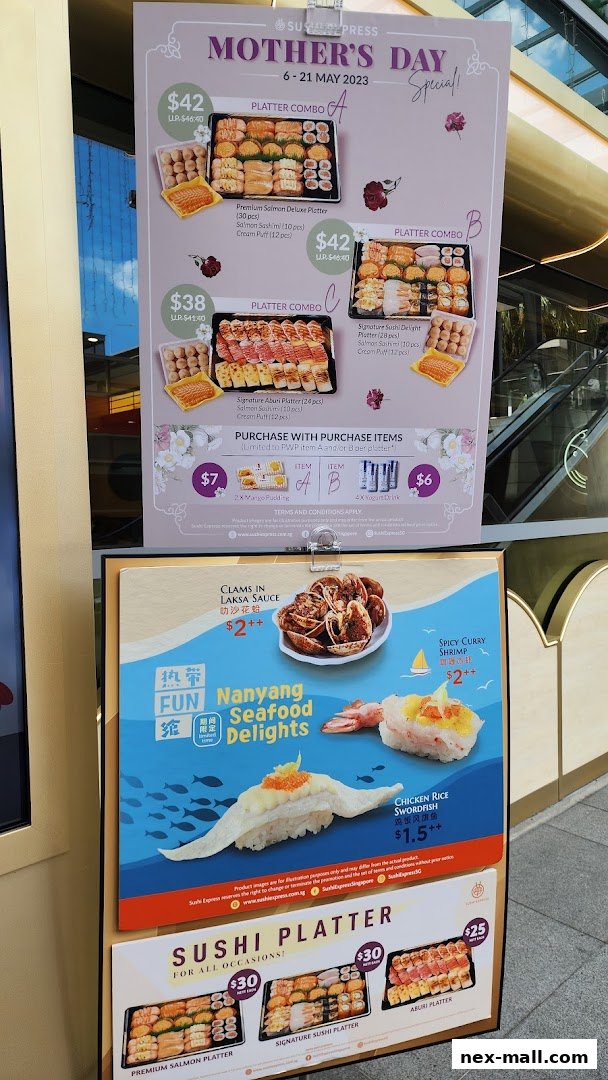 Promotional posters for Sushi Express featuring Mother's Day platters and seafood delights.