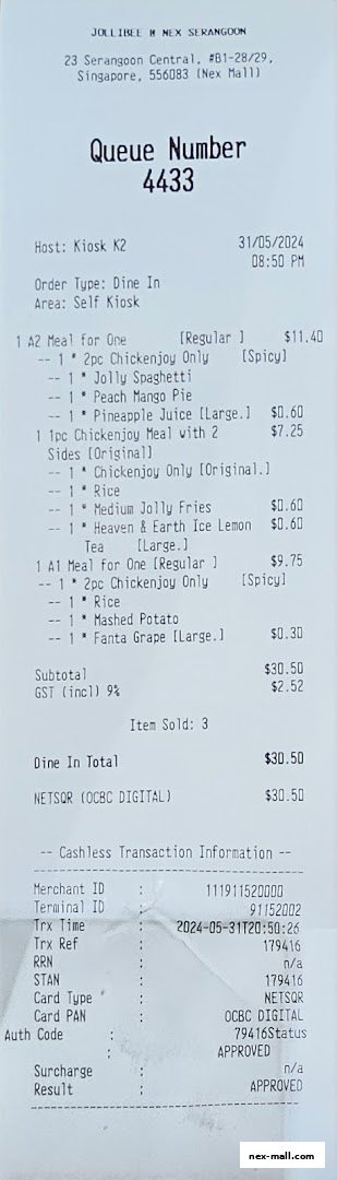 A Jollibee receipt showing a queue number and a list of food and drink items purchased.
