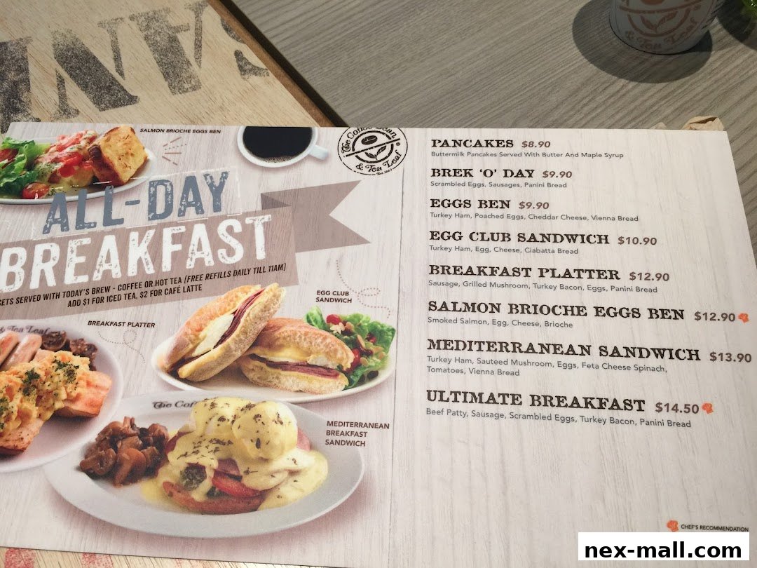 A menu from The Coffee Bean & Tea Leaf featuring all-day breakfast items with enticing food photography.