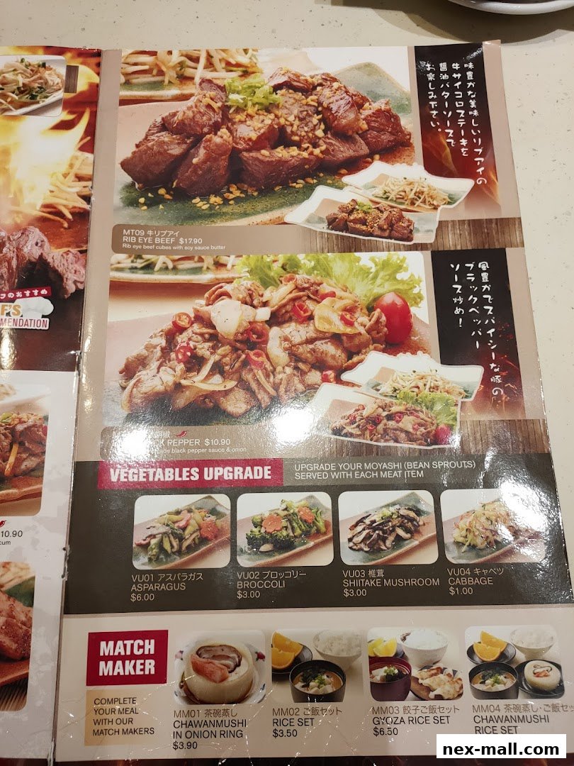 A menu featuring various beef dishes, vegetable upgrades, and meal sets with prices.