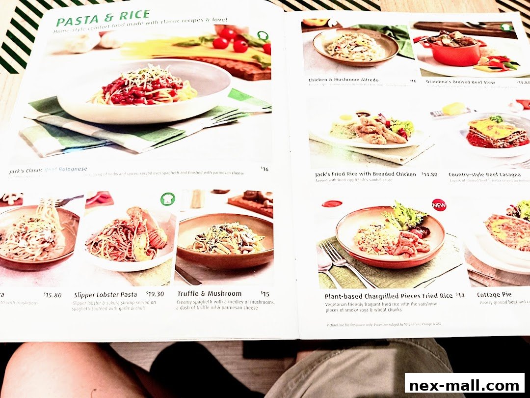 A menu from Jack's Place featuring pasta, rice, and other dishes with appealing food photography.