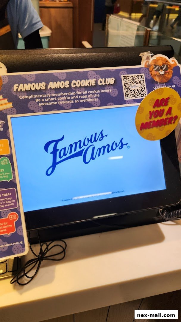 A Famous Amos counter displaying the Famous Amos Cookie Club promotion and logo.