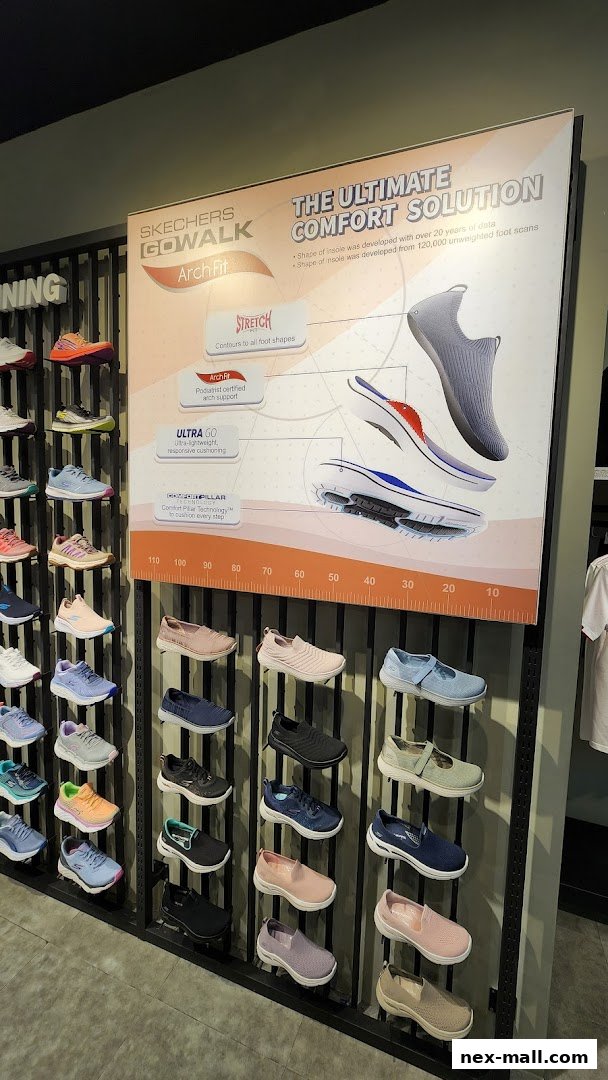 A display of Skechers Go Walk shoes with a focus on Arch Fit technology and comfort features.