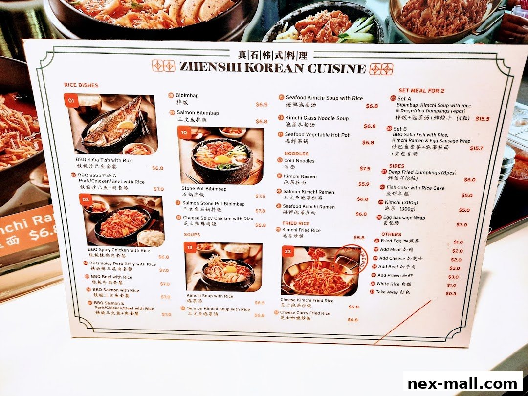 A menu for Zhenshi Korean Cuisine featuring rice dishes, noodles, soups, fried rice, sides, and set meals.