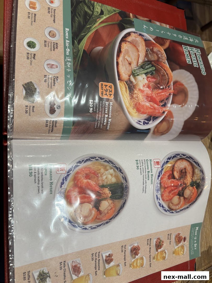 A menu featuring various ramen dishes and add-ons with appetizing food photography.