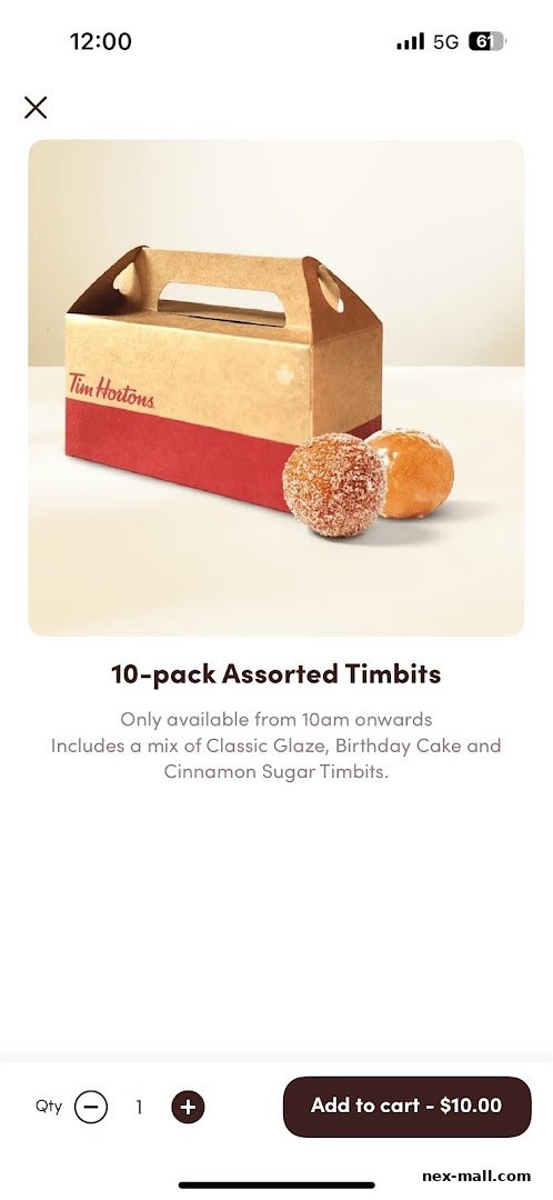 A 10-pack of assorted Timbits from Tim Hortons, with two Timbits shown.