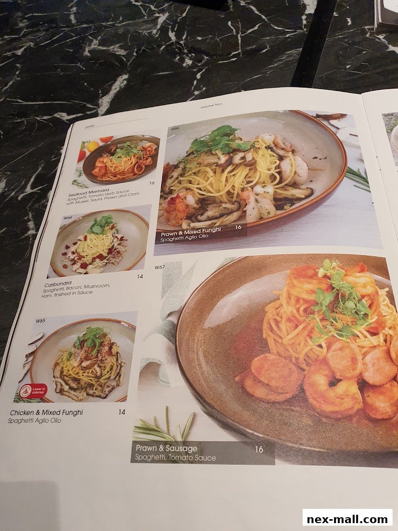 A menu page showcasing various pasta dishes with appealing food photography.
