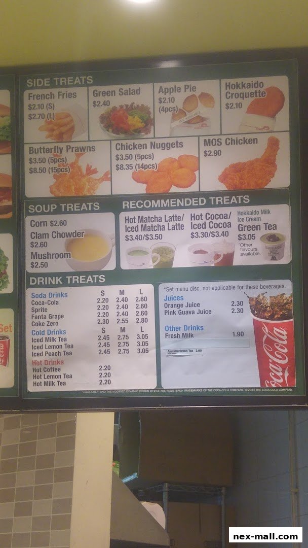A menu board for MOS Burger featuring various side treats, soups, drinks, and recommended items.