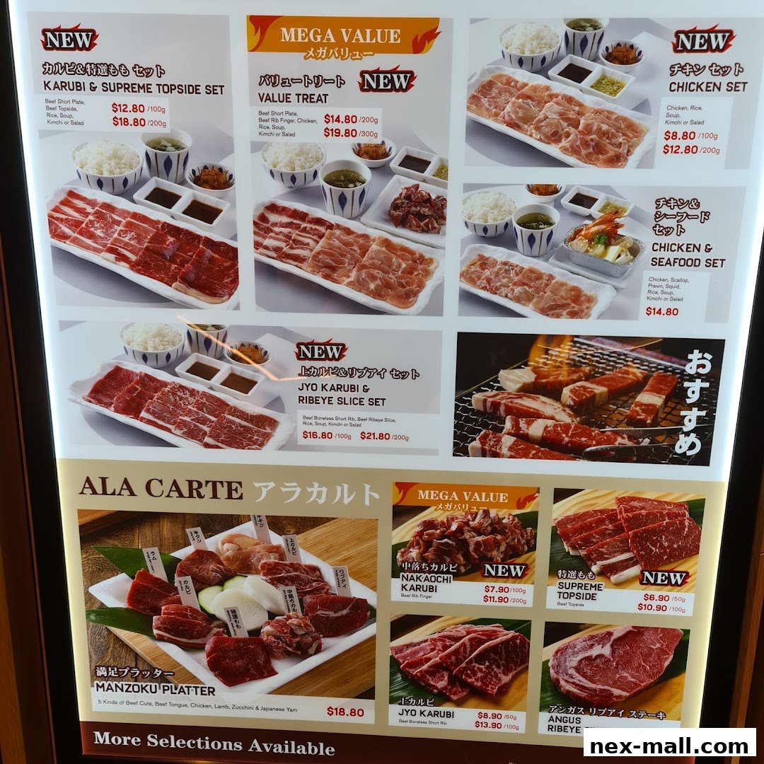 A menu board displaying various Yakiniku sets and a la carte options with prices.