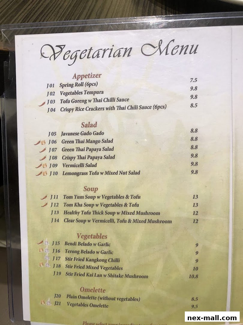 A vegetarian menu from Bali Thai NEX featuring appetizers, salads, soups, vegetables, and omelettes.