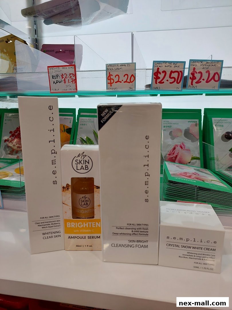 A display of various skincare products, including serums, creams, and face masks, with price tags visible.
