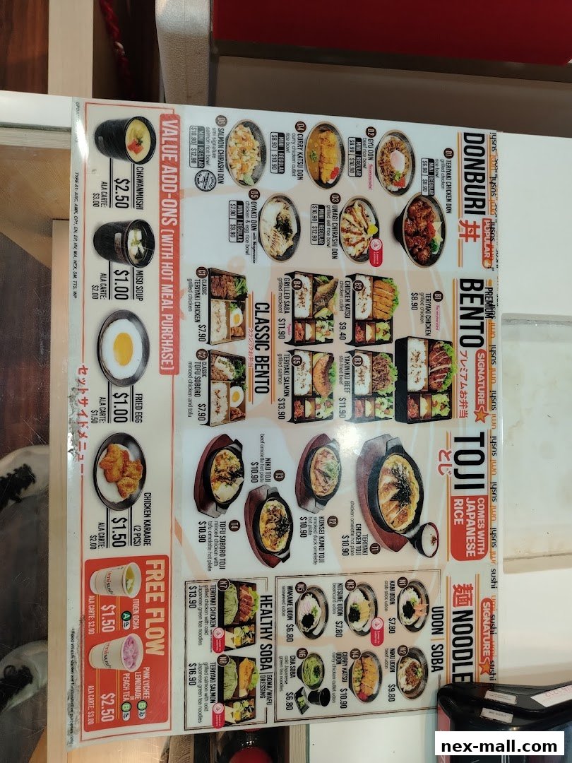 A menu board for umisushi NEX, featuring Donburi, Bento, Toji Rice, and Noodle dishes.