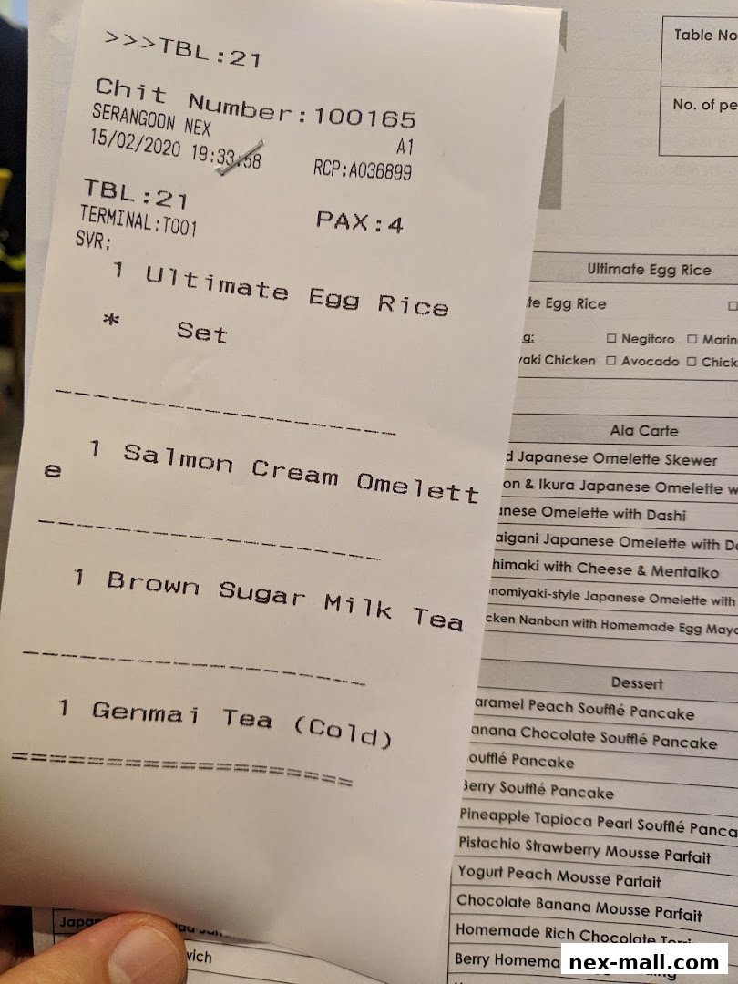A receipt and a menu from Tamago-EN NEX showing food and drink orders.