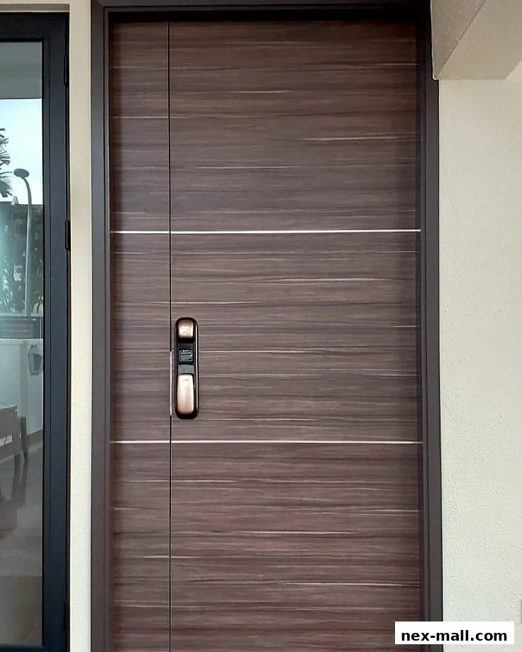 A modern wooden door with a sleek digital lock and minimalist design.