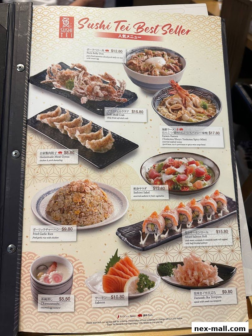A menu from Sushi Tei featuring best-selling Japanese dishes like sushi rolls, ramen, and tempura.