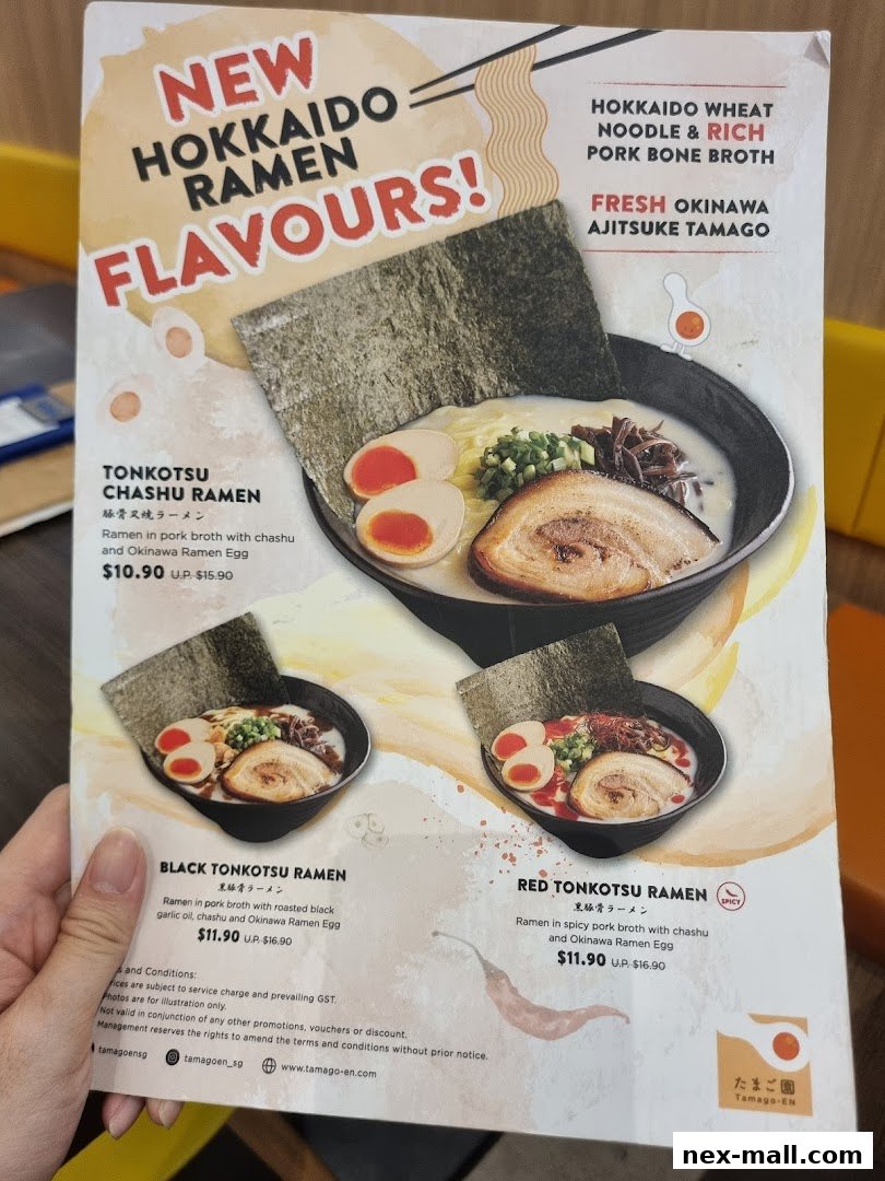 A menu showcasing three types of Hokkaido ramen with chashu and Okinawa ramen eggs.