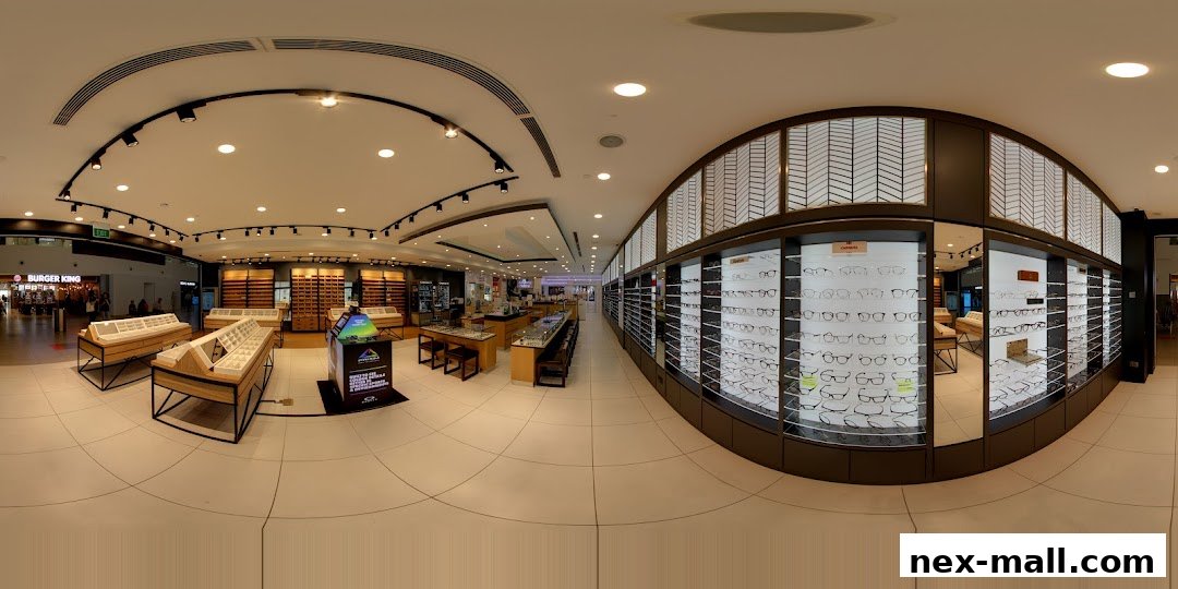Interior view of a modern optical shop showcasing a wide selection of eyeglasses.