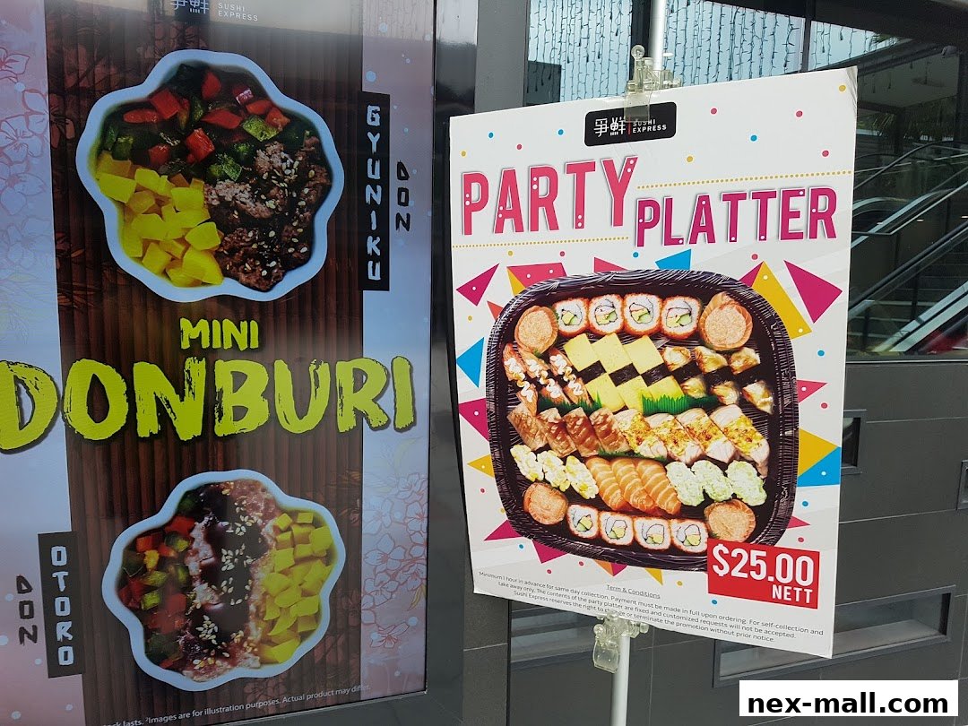 A sign advertising a Sushi Express party platter and mini donburi bowls.