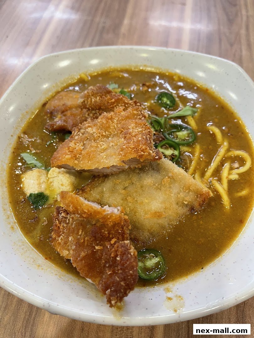 A close-up shot of a bowl of curry noodles with crispy fried chicken.