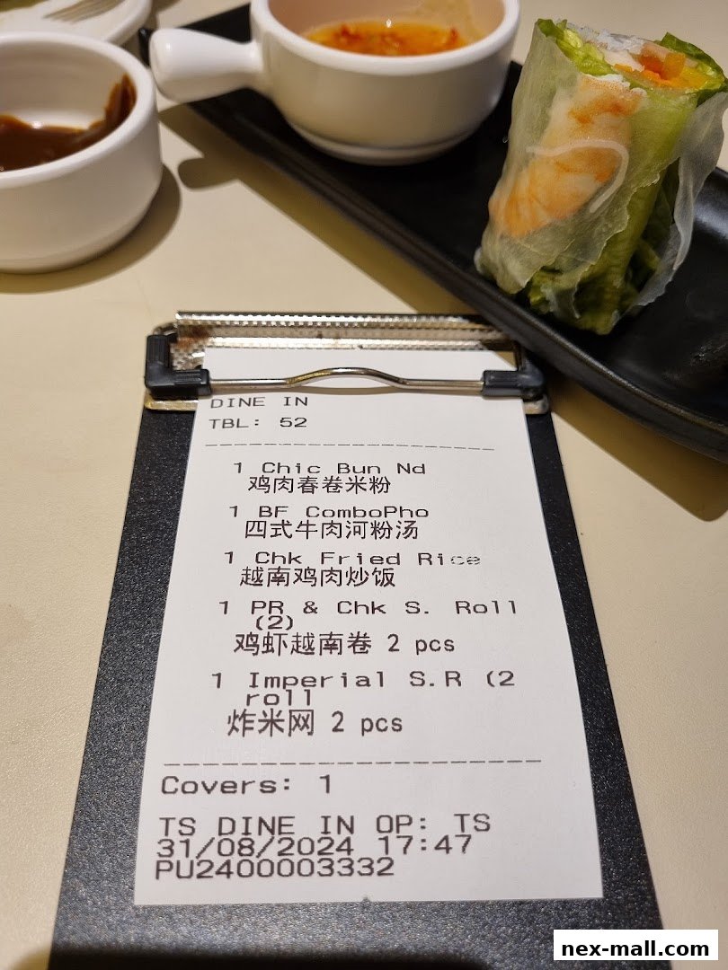 A receipt from So Pho NEX lists various Vietnamese dishes and spring rolls.