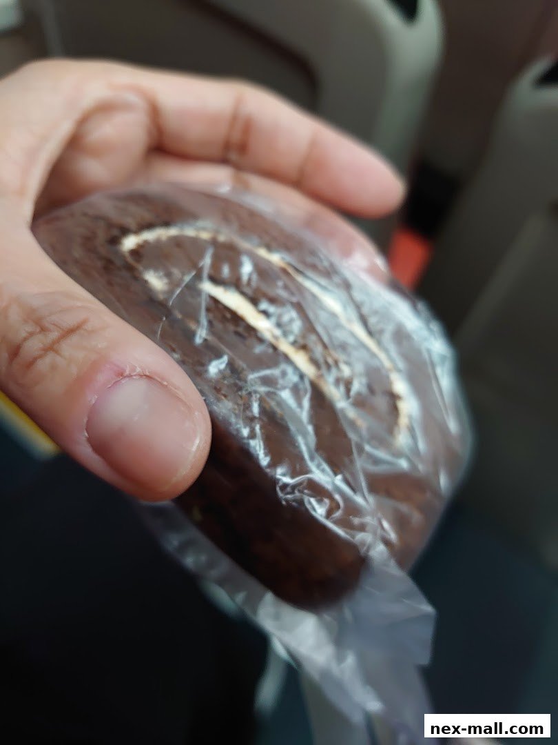 A hand holding a chocolate swiss roll cake wrapped in plastic.