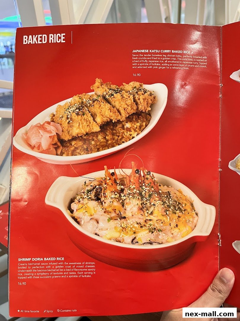 A menu page showcasing two baked rice dishes: Japanese Katsu Curry Baked Rice and Shrimp Doria Baked Rice.