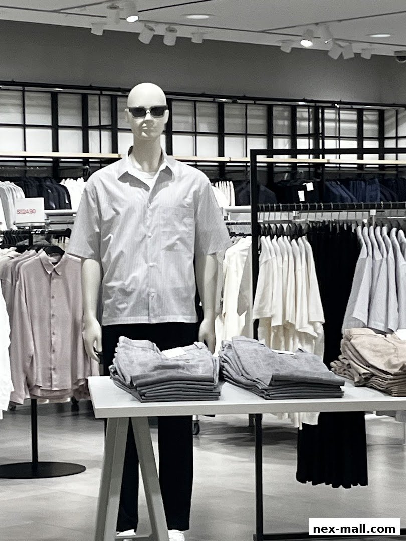 A mannequin wearing a striped shirt and sunglasses stands in a clothing store.