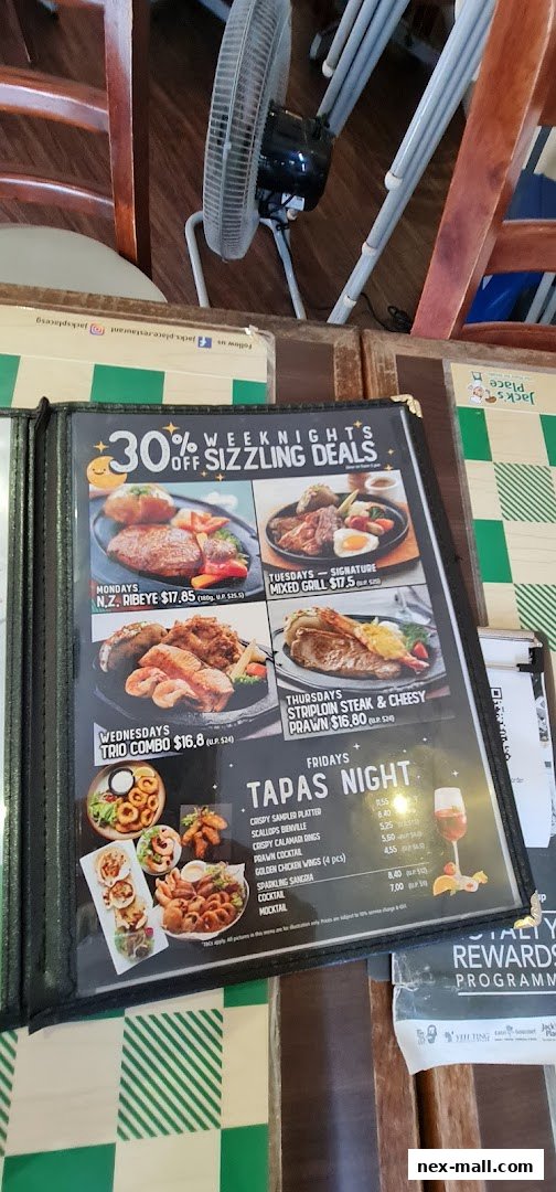 A menu from Jack's Place NEX featuring weeknight deals and tapas night specials.