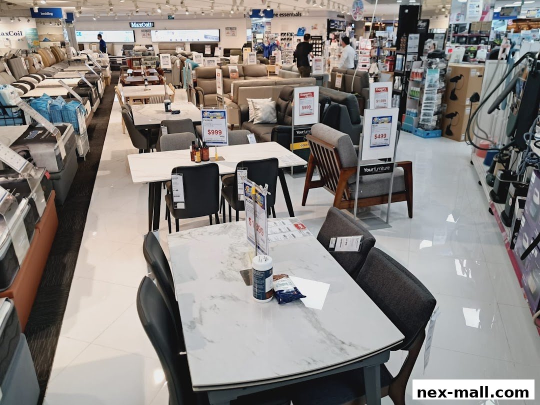 Interior view of a furniture and home essentials store with various sofas, dining sets, and appliances on display.