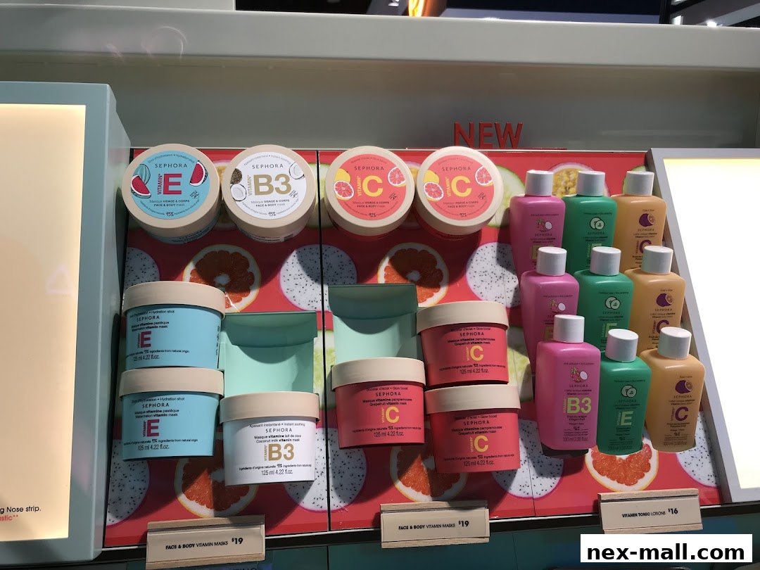 A display of Sephora brand skincare products including vitamin masks and lotions.