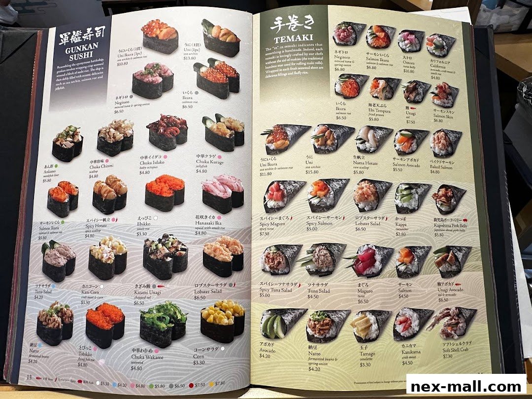 A menu open to two pages, showcasing various sushi and temaki rolls with detailed descriptions and prices.