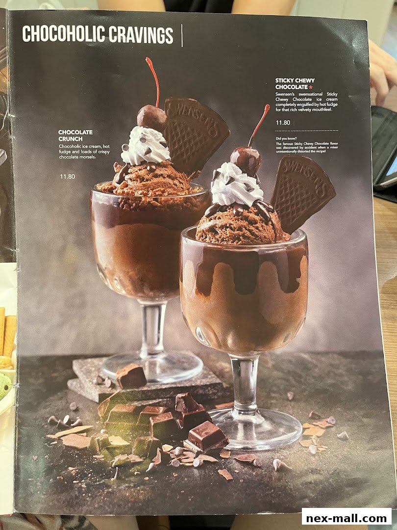 A menu page showcasing two decadent chocolate ice cream desserts from Swensen's.