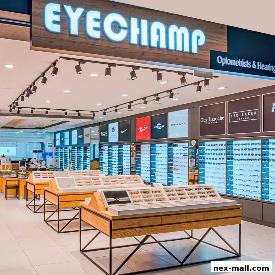 Interior view of EyeChamp optical store showcasing a wide selection of eyewear and brand displays.