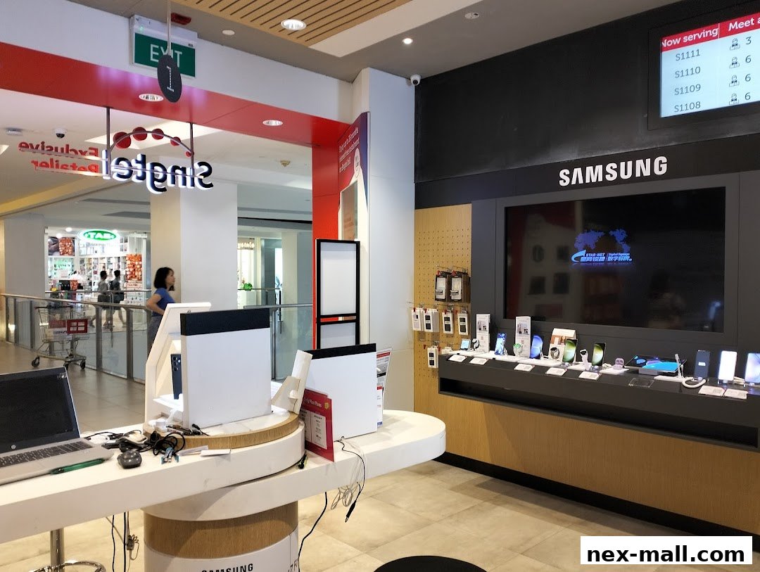 Interior view of a Singtel Exclusive Retailer shop with Samsung products on display.