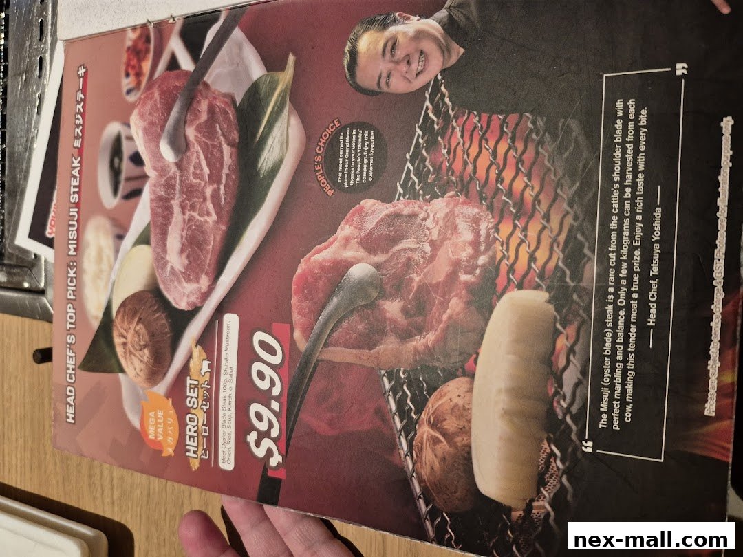 A menu featuring a premium beef steak set with accompaniments and a price.