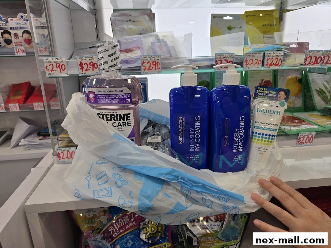 A display of beauty and personal care products including mouthwash, hair conditioner, and face masks.